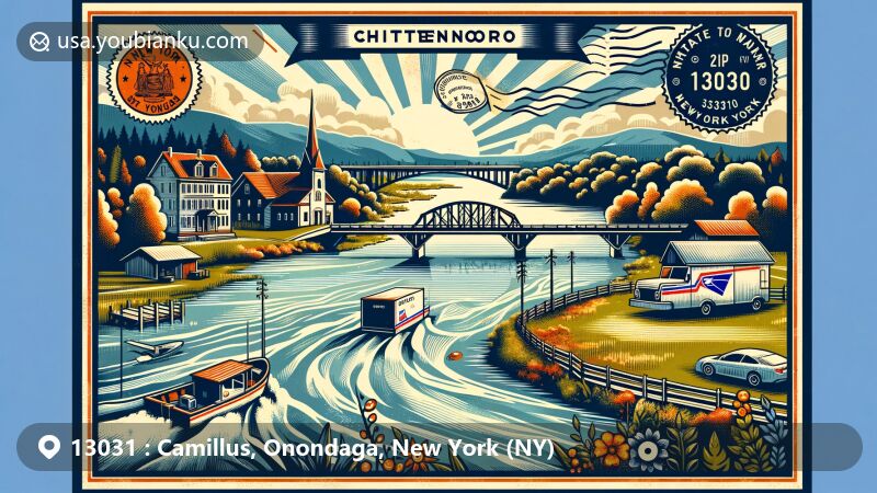 Modern illustration of Camillus, Onondaga, New York, embracing suburban setting with green spaces and residential areas, featuring Octagon House, Martisco Station, and Camillus Cutlery building, intertwined with Erie Canal Park elements and a creative postal theme with ZIP code 13031.