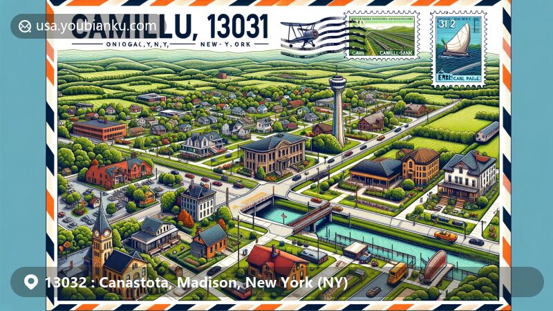 Modern illustration of Canastota, Madison County, New York, showcasing aerial view of Erie Canal, highlighting historical significance for Canastota's development. Featuring imagery of International Boxing Hall of Fame with iconic symbols like boxing gloves and championship belt. Scene cleverly depicted on a vintage airmail envelope stamped 'Canastota, NY 13032', with postage stamp displaying Erie Canal motif. Envelope placed on wooden desk surrounded by elements representing Canastota's agricultural heritage as 'Onion Capital'. Design reflects curiosity and reverence for Canastota's rich history and cultural importance, elegantly incorporating ZIP code '13032' in graceful font, suitable for web illustration.
