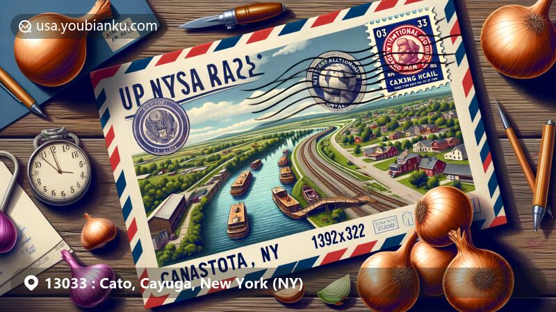 现代插图展示纽约州卡尤加县Cato地区，邮政编码13033，突出自然风光和历史文化，包括Cato Civic Heritage Historical Society、标志性水塔和古老农具。设计为航空邮件信封风格，强调邮政主题和地方特色。
