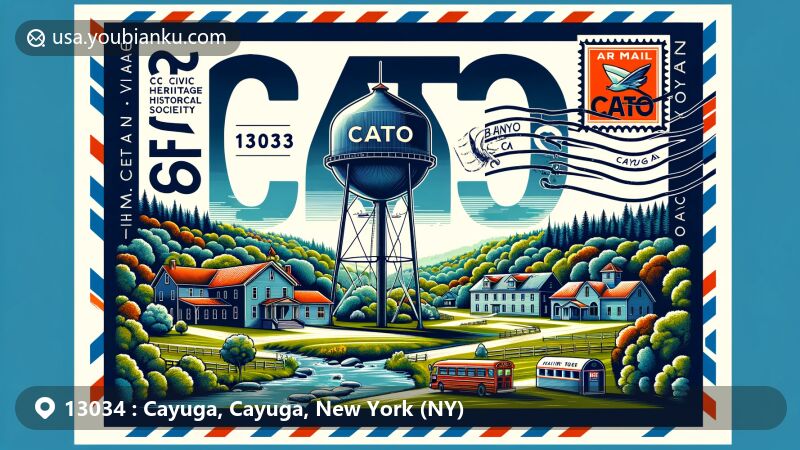Modern illustration of Cayuga area, New York, showcasing Cayuga Lake scenery, Hutchinson Homestead, and postal symbols like antique stamp and postmark, capturing region's identity and postal heritage.