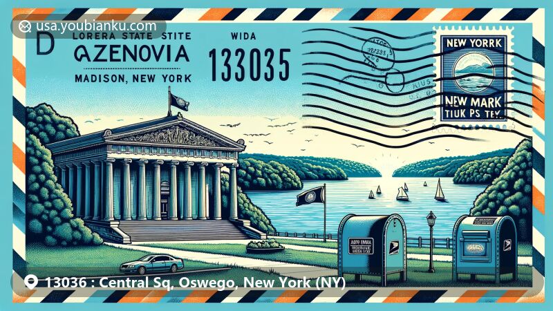 Modern illustration of Central Square, Oswego, NY, highlighting postal theme with ZIP code 13036, featuring Central Square Railroad Museum and New York State symbols.