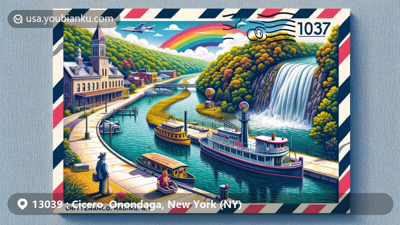 Modern illustration of Cicero, Onondaga County, New York, showcasing Oneida Lake's charming scenery with islands viewed from Cicero Yacht Club. Includes Cicero map silhouette on air mail envelope featuring '13039' and 'Cicero, NY' stamps and New York State symbol.