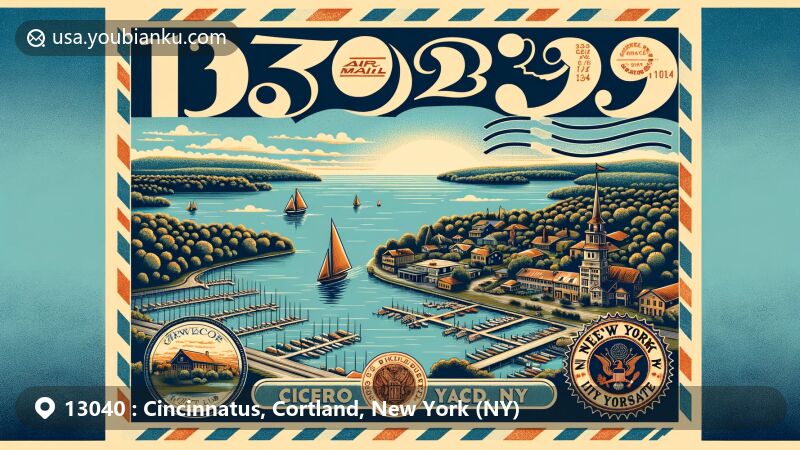 Modern illustration of Cincinnatus, Cortland County, New York, showcasing postal theme with ZIP code 13040, featuring historic buildings, natural scenery, and New York state symbols.