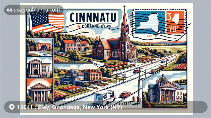 Modern illustration of Clay, Onondaga County, New York, capturing the essence of nature with the rivers merging, showcasing Northway Shopping Center, highlighting residential area and town connectivity with Route 31 and Erie Canal, featuring postal theme with ZIP code 13041 and Clay, NY.