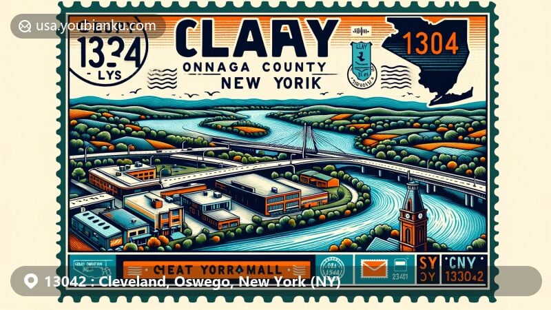 Modern illustration of Cleveland, Oswego County, New York, depicting historical and cultural features with a postal theme highlighting ZIP code 13042, including Cleveland Glass Company and Oneida Lake backdrop.