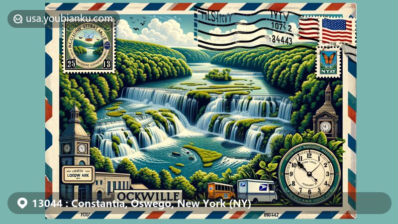 Modern illustration of Constantia, New York, showcasing its unique geography with Oneida Lake, Tug Hill Plateau, and Erie Canal, highlighting strong connection to water and postal service elements like vintage airmail envelope, Erie Canal stamp, postal vehicle, mailbox, and prominent '13044' ZIP code.