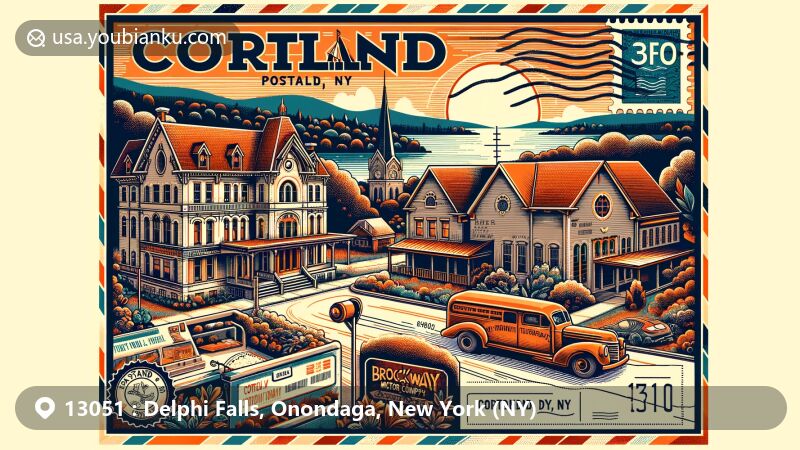 Modern illustration of Delphi Falls Park, Onondaga County, New York, featuring iconic autumn scenery with lower and upper falls, intertwined with postal theme displaying ZIP code 13051 and New York state symbols.