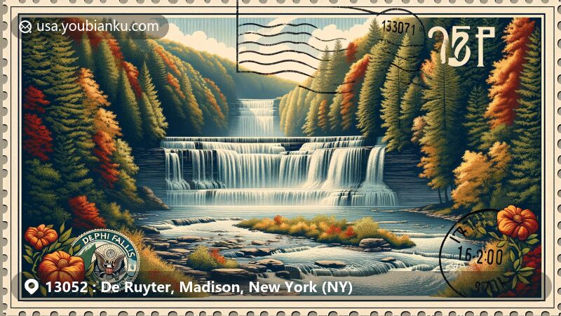 Modern illustration of De Ruyter, Madison County, New York, highlighting lush landscapes, DeRuyter Reservoir, historical figures like Elijah Cornell, and connection to Cornell University and French nobility, with postal theme and vintage postcard featuring '13052' and New York State flag.
