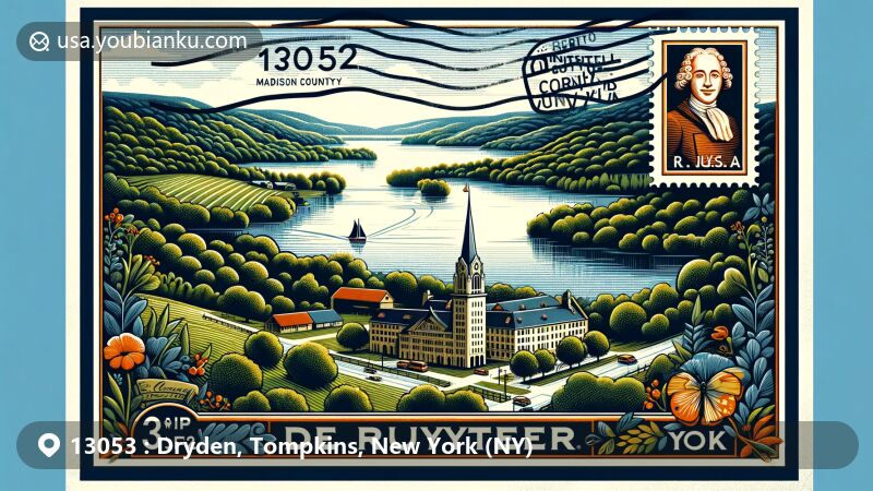 现代插画风格的Dryden, Tompkins County, New York，展示了邮政编码13053的地域特色和邮政特点，以明信片形式呈现，背景是Finger Lakes地区的山丘和湖泊，前景是Dryden Historic District的代表性建筑。