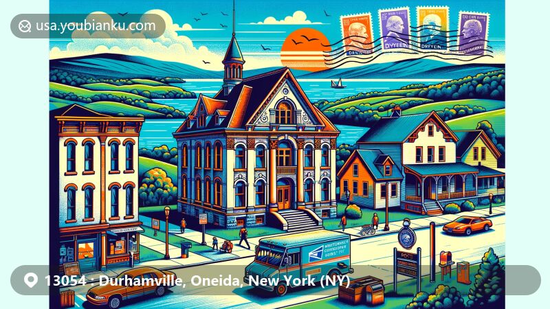 Modern illustration of Durhamville, Oneida County, New York, showcasing postal theme with ZIP code 13054, featuring air mail elements, stamps, and historic Erie Canal references.