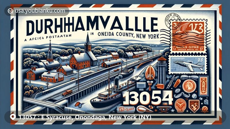 Modern illustration of East Syracuse, Onondaga, New York, with postal theme showcasing ZIP code 13057, featuring historical landmarks, state flag, and local architecture.