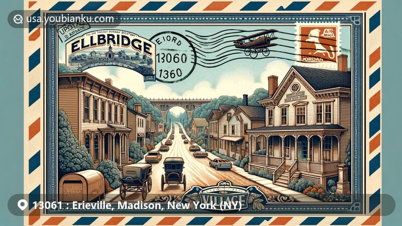 Modern illustration of Erieville, NY, featuring Tuscarora Lake, ZIP code 13061, and vintage air mail theme, highlighting rural charm and historical significance.