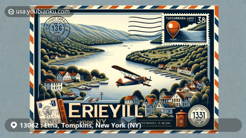 Modern illustration of Etna, Tompkins County, New York, showcasing natural beauty with lush forests and rolling hills, incorporating creative postal design elements like stamps, postmarks, and New York state outline.