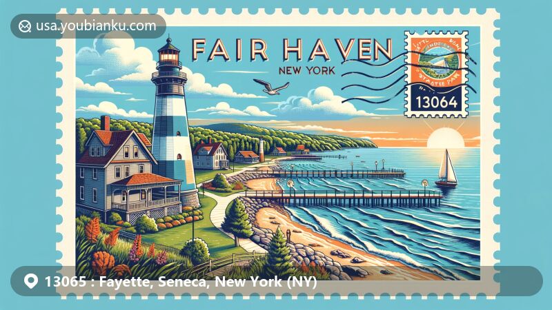 Modern illustration of Fayette, Seneca County, New York, showcasing postal theme with ZIP code 13065, featuring Seneca Lake, Cayuga Lake, Rose Hill Mansion, Finger Lakes pattern, and vineyards.