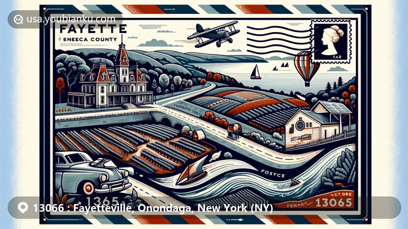 Modern illustration of Fayetteville, Onondaga County, New York, featuring ZIP code 13066, showcasing Green Lakes State Park, historical landmarks, and vintage air mail elements.