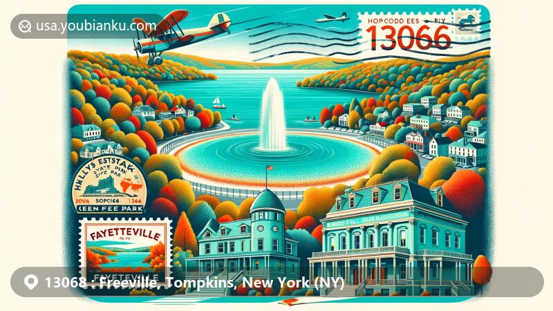 Modern illustration of Freeville, Tompkins County, New York, capturing postal theme with ZIP code 13068, featuring iconic mill and dam, historical trains and railways, scenic rolling hills, and creative incorporation of New York State symbols.
