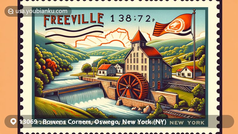 现代插画，展示纽约州奥斯威戈Bowens Corners地区，彰显邮政主题，ZIP码13069，奥斯威戈河和纽约州自然景观。