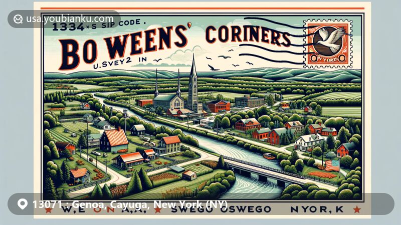 Modern illustration of Genoa area, Cayuga County, New York, with postal theme and historical East Genoa Methodist Episcopal Church, showcasing town's cultural heritage and rural essence.