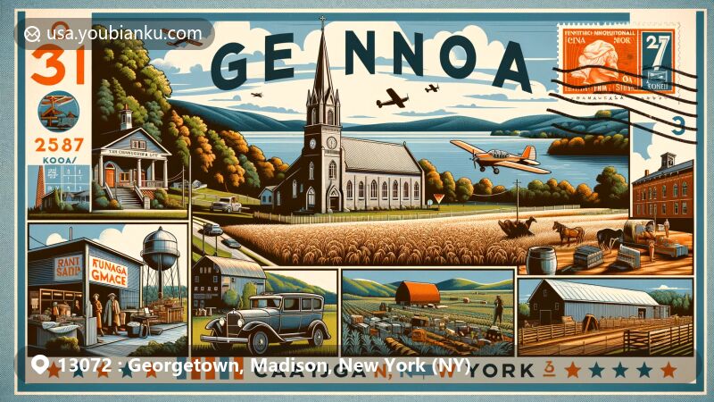 Modern illustration of 13072, Georgetown, Madison County, New York, showcasing rural charm, community spirit, and natural beauty, with rolling hills, outdoor activities, and postal elements in vintage postcard style.
