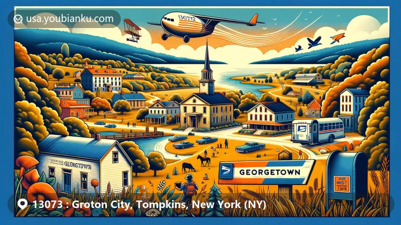 Modern illustration of Groton City, Tompkins County, New York, featuring natural beauty with rolling hills, forests, and meadows for outdoor activities like hiking and biking, incorporating postal symbols and town life elements.