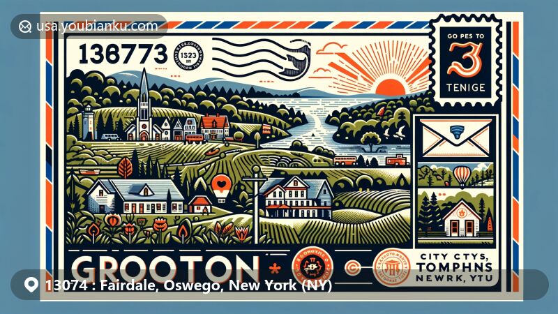 Modern illustration of Fairdale, Oswego County, New York, featuring airmail envelope with New York state flag, Oswego County outline, rural and historical symbols, including rolling hills, fields, and a classic red barn, complemented with postal elements like vintage stamp, postmark, and antique mailbox.