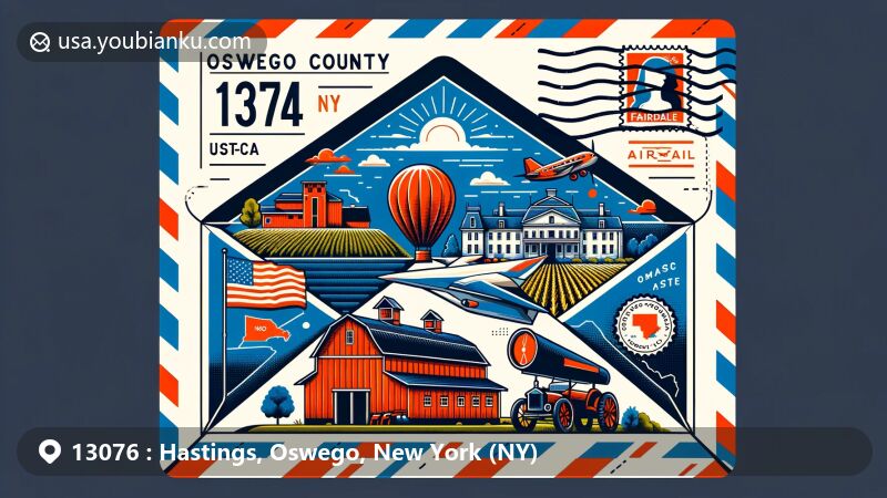 Modern illustration of Hastings, Oswego, New York (NY), featuring postal theme with ZIP code 13076, showcasing Oneida River, early settlement imagery, and New York State symbols.