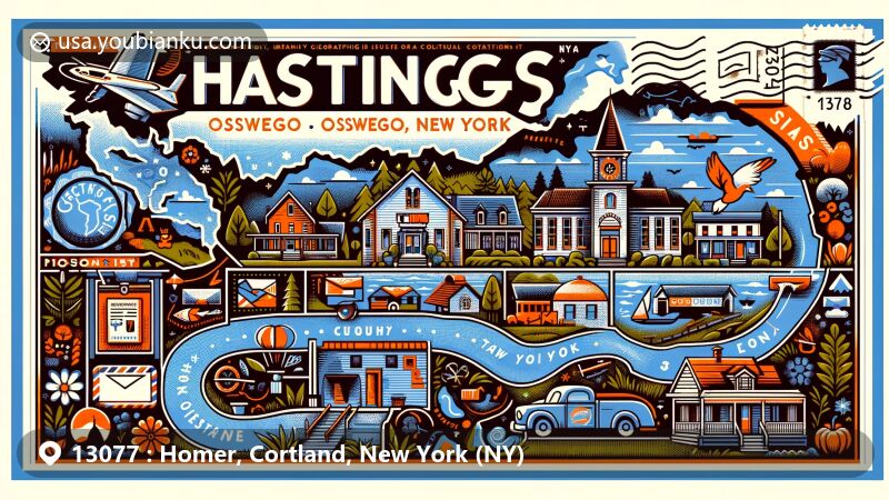 Modern illustration of Homer, Cortland, New York (NY), capturing the town's cultural essence with Center for the Arts of Homer and homage to Greek poet Homer, set against Cortland County's natural beauty and Tioughnioga River, integrating vintage air mail envelope with '13077' ZIP code stamp, cancellation mark, and charming mail delivery vehicle or mailbox.