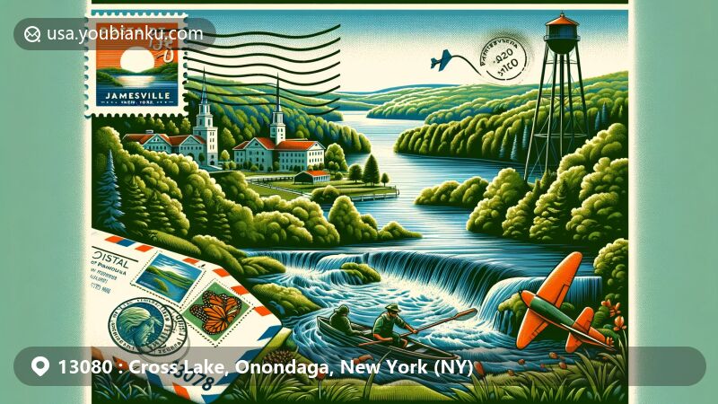 Modern illustration of Cross Lake, Onondaga County, New York, highlighting postal theme with ZIP code 13080, featuring scenic beauty and state symbols.
