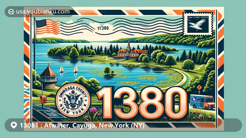 Modern illustration of Atwater, Cayuga County, New York, showcasing vintage air mail envelope with iconic landmarks like Case Memorial-Seymour Library and Cayuga County Courthouse, featuring Long Point State Park and postal theme.