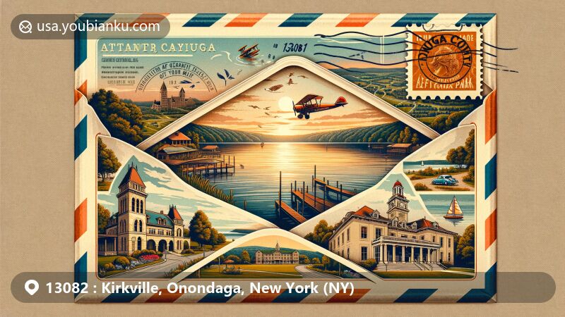 Modern illustration of Kirkville, Onondaga County, New York, inspired by Old Erie Canal State Historic Park, depicting a scenic trail through lush landscapes with a vintage air mail envelope design and a postage stamp featuring the New York state flag.