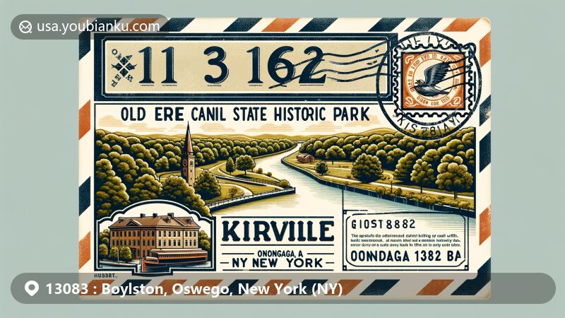 Modern illustration of Boylston, Oswego County, NY, portraying a postal theme with ZIP code 13083, featuring vintage postcard design with stamps, postmark, and postal imagery, highlighting the natural beauty and recreational opportunities of the Tug Hill region.