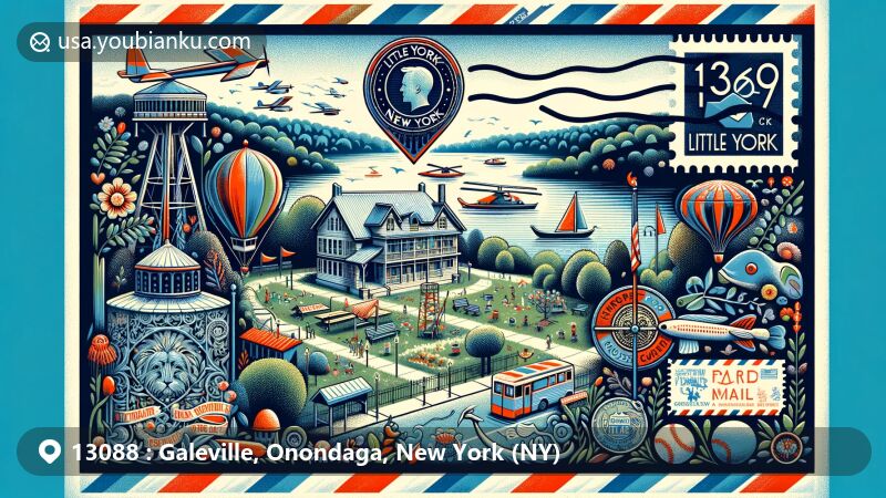 Modern illustration of Galeville area in Onondaga County, New York, featuring Onondaga Lake, postal theme with ZIP code 13088, and geographical markers, showcasing natural beauty and postal culture fusion.