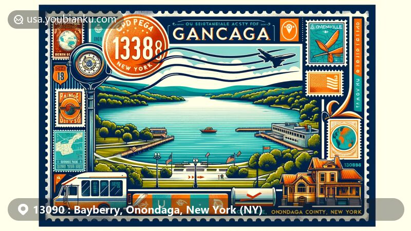 Modern illustration of Bayberry area in Onondaga County, New York, featuring Long Branch Park, Liverpool High School, Native American heritage, and postal theme with ZIP code 13090, including Syracuse city skyline and classic postal elements.