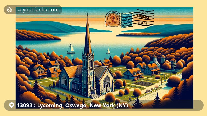 Stylized postcard showcasing Lycoming area, Oswego County, New York with ZIP code 13093, featuring rural landscape near Lake Ontario, orchards, and local charm with state symbols.