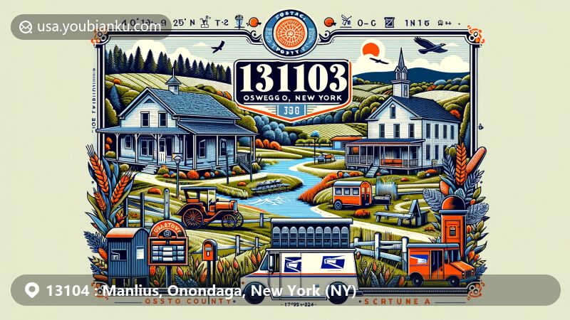 Modern illustration of Manlius, Onondaga, New York (NY), showcasing postal theme with ZIP code 13104, featuring Green Lakes State Park, Swan Pond, and Yard shopping center, along with classic red mailbox and postal delivery truck.