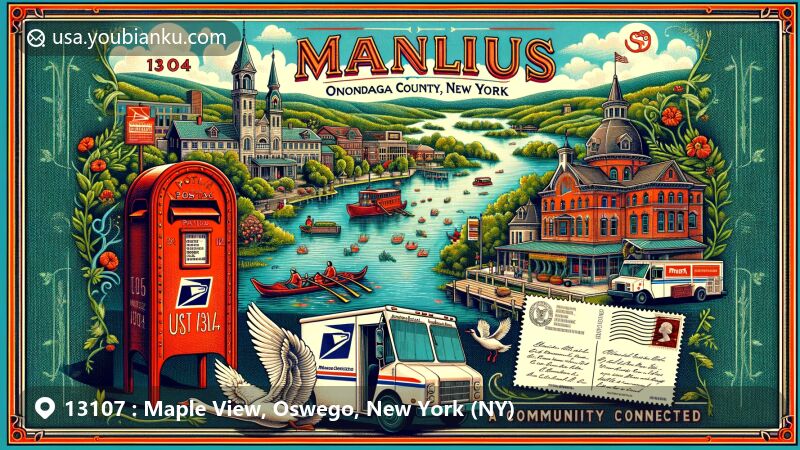 Modern illustration of Maple View, Oswego County, New York, featuring historical landmarks like Oswego River, Fort Ontario, Chancellor tugboat, and symbols of heritage and natural beauty including Salmon River Falls and Tug Hill Plateau, with vintage postal theme showcasing ZIP code 13107.