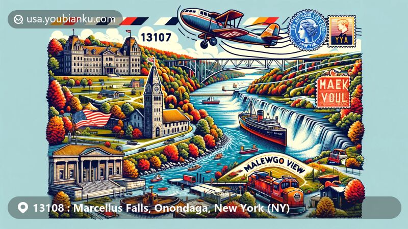 现代插图，展示美国纽约州奥诺达加县Marcellus Falls代表的邮政编码13108。以Marcellus Falls的风景美丽为核心，融合了Dan Bradley House和Ninemile Creek的象征，还有空中邮件信封和纽约州旗邮票元素。
