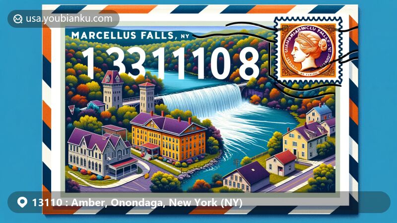 Wide-format illustration of Amber area, Onondaga County, New York, capturing postal theme with ZIP code 13110, featuring New York state flag, Onondaga County outline, postcard, air mail envelope, stamps, and postmark.