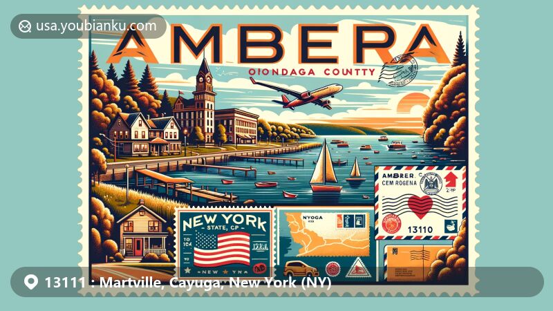 Modern illustration of Martville, Cayuga County, New York, featuring creative air mail envelope capturing essence of history and early settlements, with stylized map and New York state symbols.