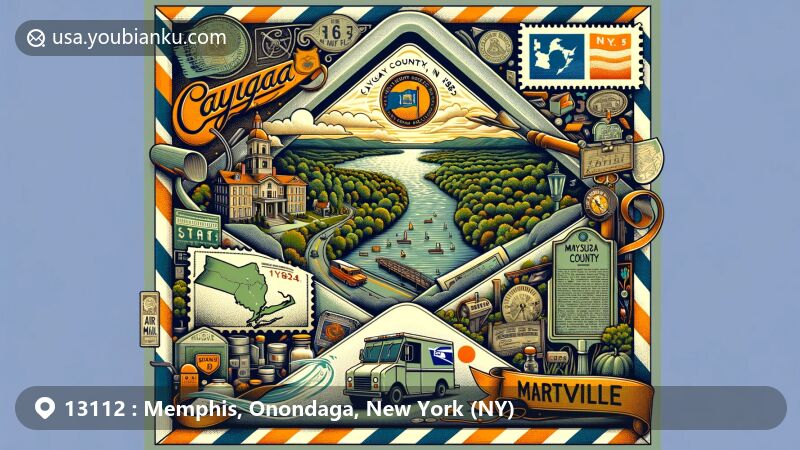 Modern illustration of Memphis, Onondaga County, New York, featuring postal theme with ZIP code 13112, showcasing Erie Canal, Cross Lake, and Seneca River.