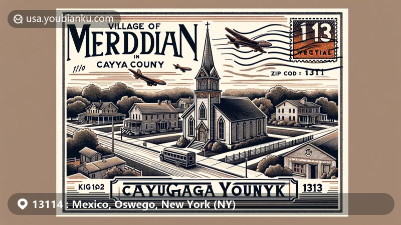 Modern illustration of Mexico, Oswego, New York, featuring Mexico Point State Park, Starr Clark Tin Shop, and postal elements with ZIP code 13114, showcasing cultural heritage and historical significance.
