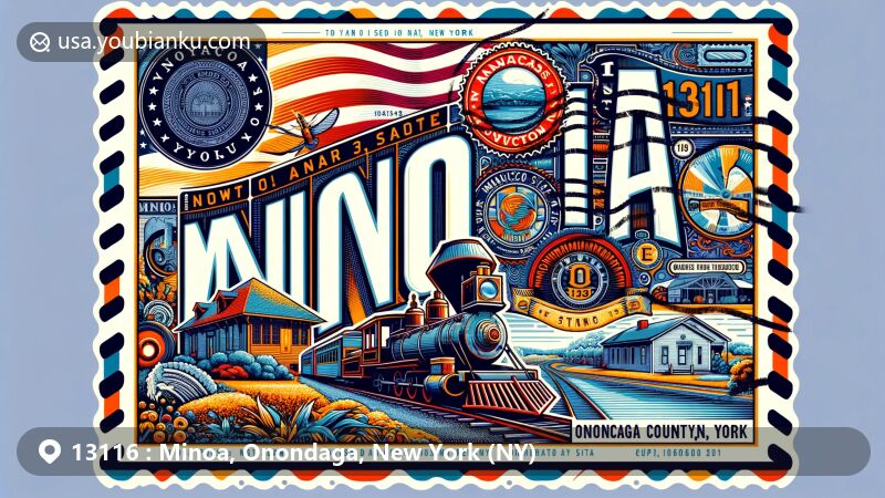 Modern illustration of Minoa, Onondaga County, New York, featuring railroad heritage and ZIP code 13116, showcasing state flag and vintage postage elements.