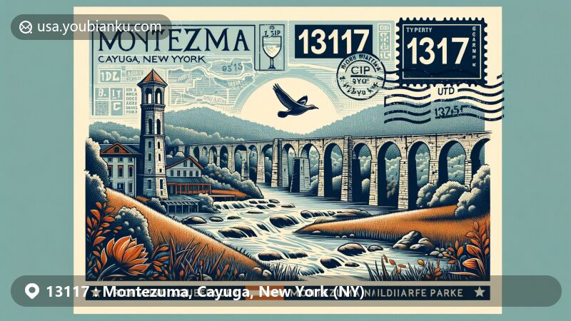 Modern illustration of Montezuma, Cayuga County, New York, featuring Richmond Aqueduct Ruins in Montezuma Heritage Park and Montezuma National Wildlife Refuge, embodying historical significance, natural beauty, and ZIP code 13117 with postal theme.