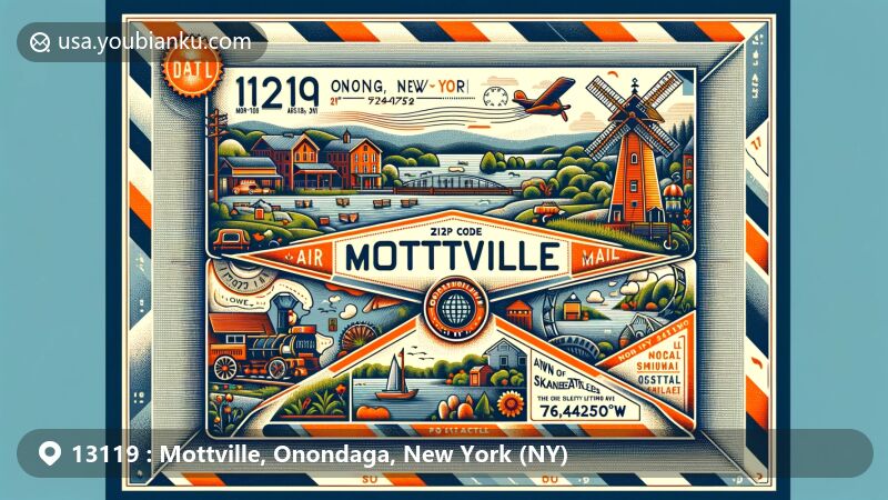 Contemporary illustration of Mottville, Onondaga, New York, showcasing a postal theme with a creative airmail envelope incorporating local geography and historical symbols, such as Skaneateles Town representation, Arthur Mott's woolen mill, and Skaneateles Lake.