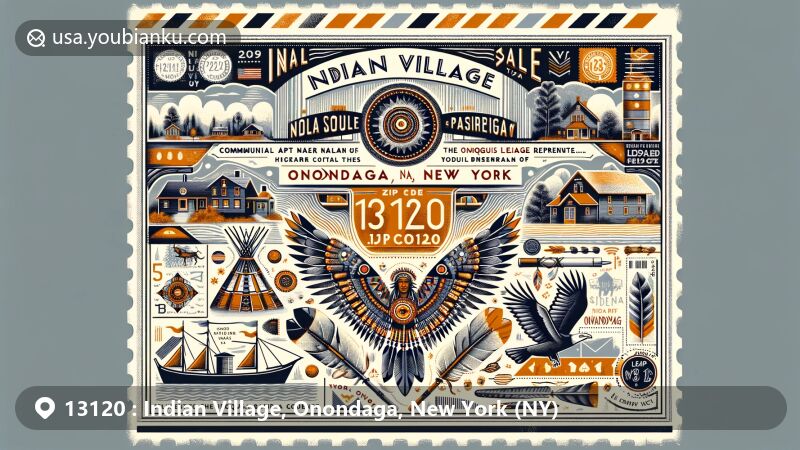 Illustration celebrating Indian Village, Onondaga, New York, showcasing Iroquois cultural symbols like wampum belts and wildlife, integrated with postal themes including ZIP code 13120.