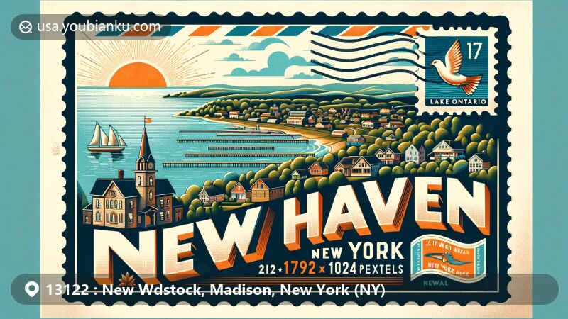 Modern illustration of New Woodstock, NY, representing ZIP code 13122, featuring Madison County's geographical profile, Lehigh Valley Railroad station, and vintage postal elements.