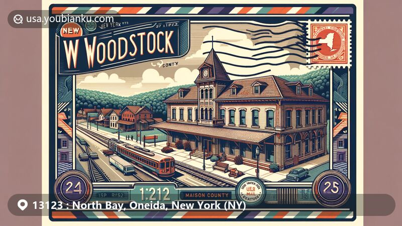 Modern illustration of North Bay, New York, in Oneida County, showcasing vintage air mail envelope with symbols of local spirit: New York State flag, Oneida County outline, and natural beauty elements, highlighted by Statue of Liberty stamp and 'North Bay, NY 13123' postmark.