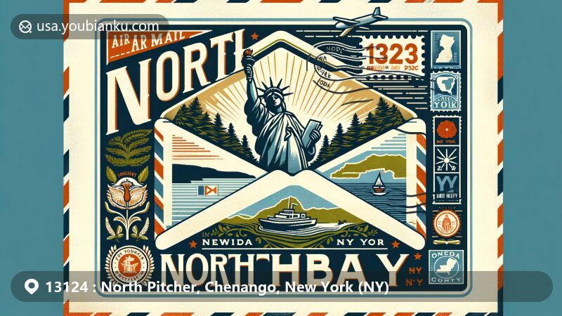 Modern illustration of North Pitcher, Chenango County, New York, showcasing postal theme with ZIP code 13124, featuring rural tranquility, Otselic River, postal heritage, New York state flag, and Chenango County's natural beauty.