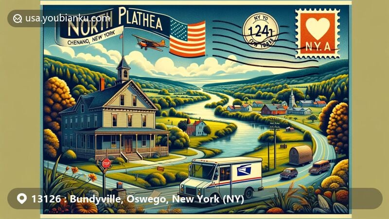 Modern illustration of ZIP code 13126, Bundyville, Oswego, in Oswego County, New York, blending historical charm with postal elements like vintage postcard and state flag.