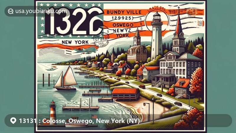 Modern illustration of Colosse, Oswego County, New York, highlighting postal theme with ZIP code 13131, featuring Colosse Cheese Factory and local landmarks.